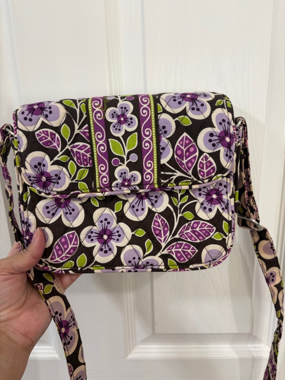 Vera Bradley Purple Floral Quilted Crossbody Bag with Green Accents